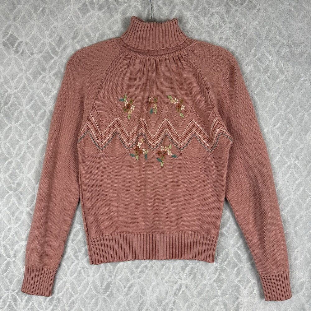 Vtg 70s Embroidered Turtleneck Sweater Women S/M Pink Floral Knit Cottage Granny